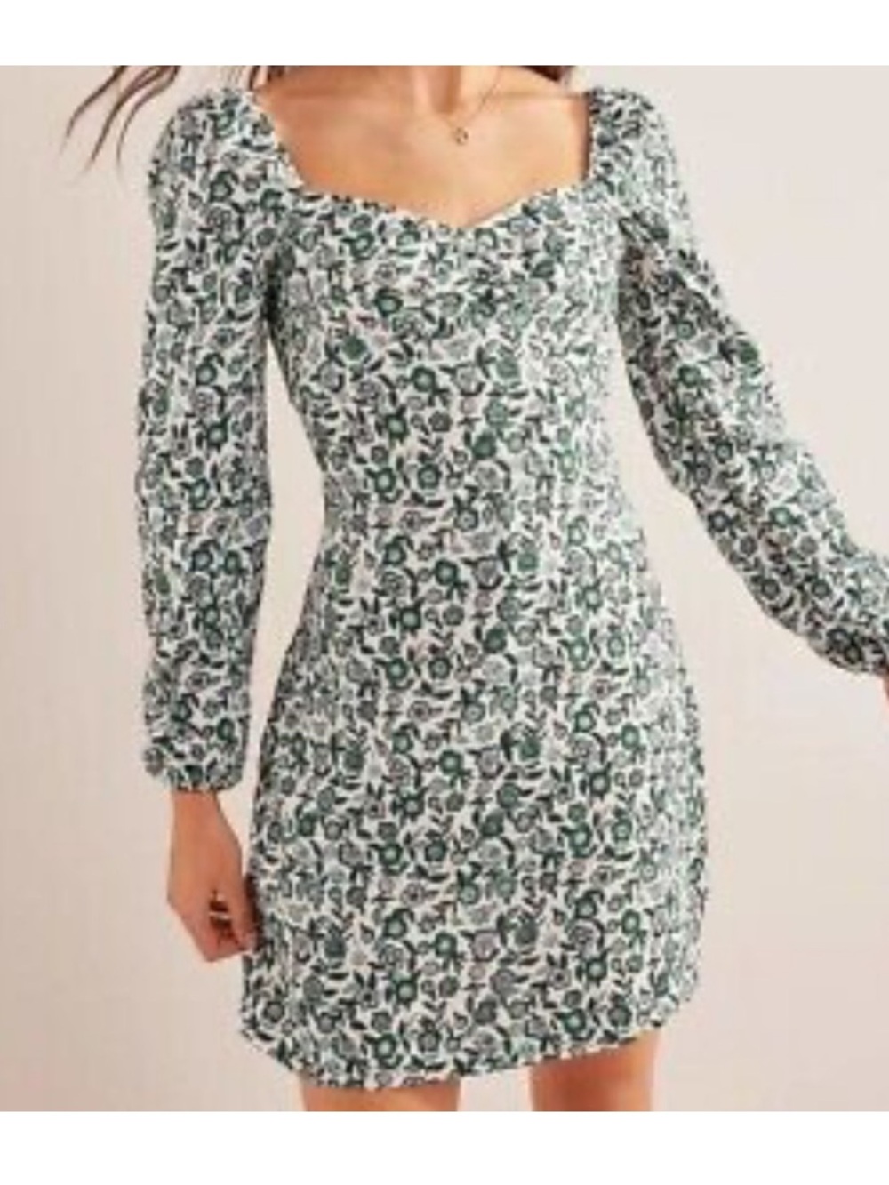 Boden Linen Blend Green White Floral Dress